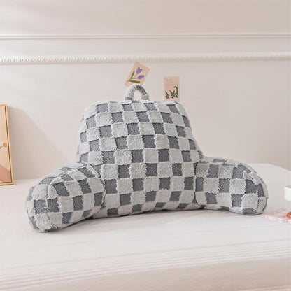 Aimuan Reading Pillow Checkered Bed Rest Wedge Backrest Checkerboard Pillow with Arms Back Support for Sitting Up in Bed Cushion Incline Rest Sleeping Snoring Pillow (Grey,Large)
