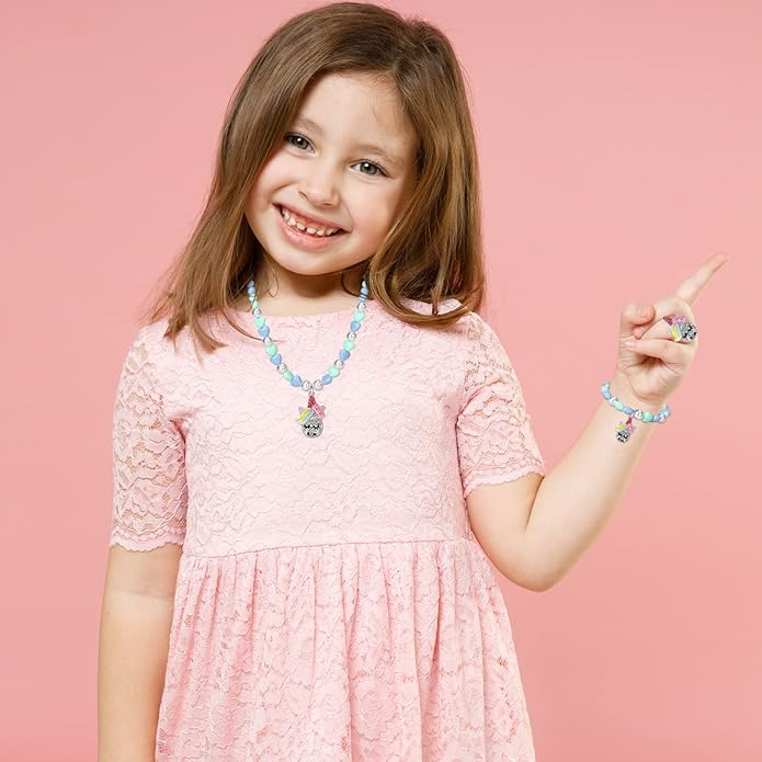 Unicorn Jewelry Set, Kids Unicorn Jewelry for Girls Included Necklace Bracelet Ring, Little Girl Jewel Necklace Set Cute Toddlers Unicorn Pendant,Pretend Dress up Jewelry Gift