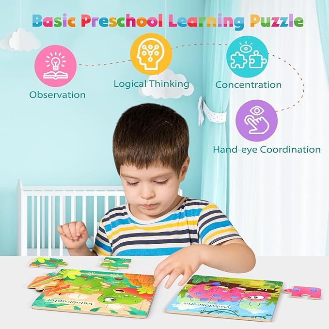 Wooden Puzzles for Toddlers, 8 Pack Dinosaur Jigsaw Puzzles for Kids3-5, 9 Pieces Preschool Learning Activities, Learning & Educational Puzzles, Gift for Boys, Girls