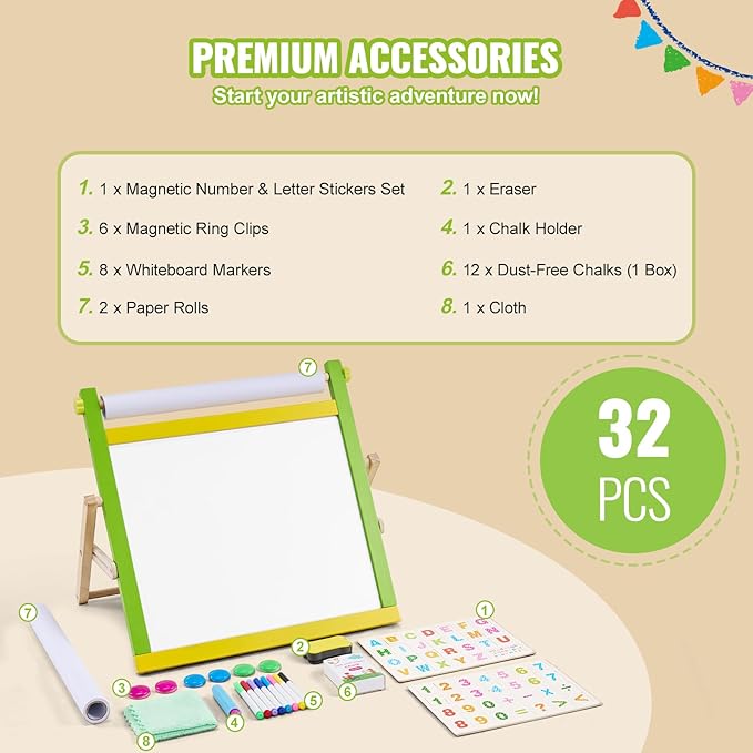 VEVOR Tabletop Art Easel for Kids, 3-in-1 Wooden Double-Sided Kid's Art Easel with Magnetic Whiteboard, Chalkboard, Paper Roll, Foldable Portable Drawing Board with Painting Accessories for Boys Girls