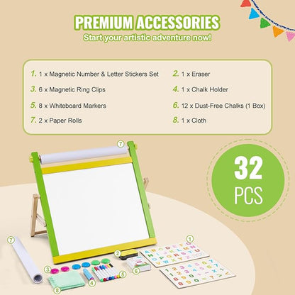 VEVOR Tabletop Art Easel for Kids, 3-in-1 Wooden Double-Sided Kid's Art Easel with Magnetic Whiteboard, Chalkboard, Paper Roll, Foldable Portable Drawing Board with Painting Accessories for Boys Girls