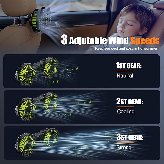 USB Car Cooling Fans for Backseat: Dual Head Car Fan for Kids 3 Speeds 360° Rotatable Vehicle Rear Headrest Fans 5V Powerful Electric Air Circulation Fan for Sedan SUV RV Truck (Black+Green)