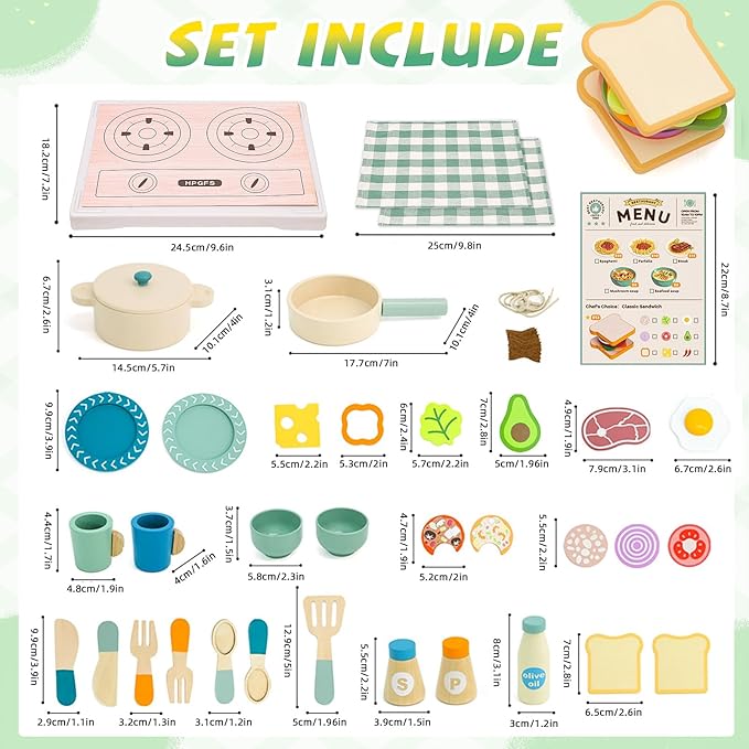 Wooden Play Cooking Set, Kids Pretend Play Kitchen Accessories Toys Set, Includes Play Plates, Pots, Bowls, Pans, Cutlery, Includes Fake Food, Gift for 3 4 5 Years Old Girls Boys for Birthday