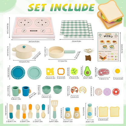 Wooden Play Cooking Set, Kids Pretend Play Kitchen Accessories Toys Set, Includes Play Plates, Pots, Bowls, Pans, Cutlery, Includes Fake Food, Gift for 3 4 5 Years Old Girls Boys for Birthday