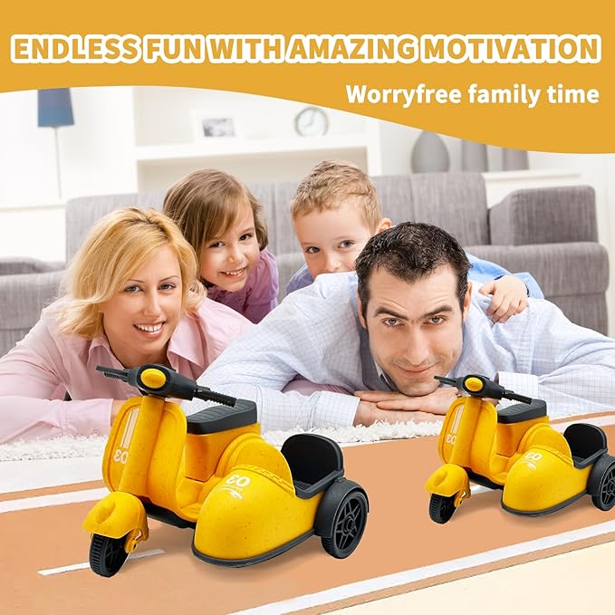 Kids Ride-On Motorcycle with Side Car - Eco-Friendly Straw Material, Push and Pull Toy for 1-3 Year Olds 3-5