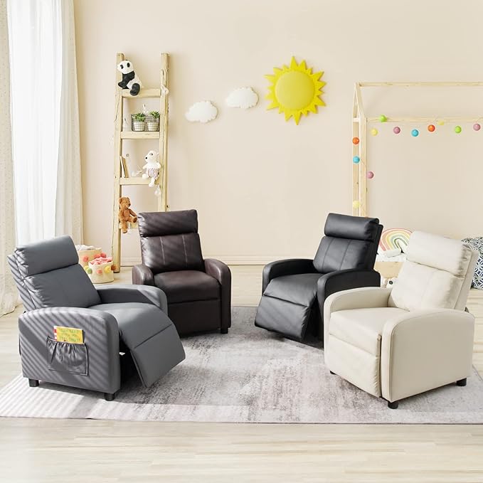 Costzon Kids Recliner, Adjustable PU Leather Lounge Chair w/Side Pockets, Footrest, Headrest for Kids Room & Play Room, Easy to Clean, Padded Recliner Sofa for Children Boys Girls Aged 3-12 (Grey)