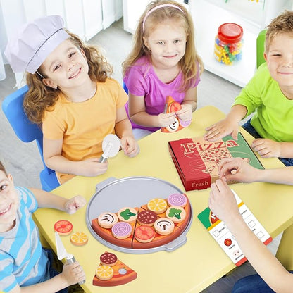 Wooden Pizza Toy 50pcs Toddler Pizza Counter Playset Kids Pretend Play Kitchen Accessories with Play Food, Bake Oven, Chef Role Play Set Xmas Birthday Gift for 3 4 5 6 Year Old Boys Girls