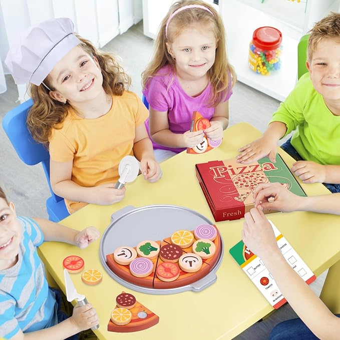 Wooden Pizza Toy 50pcs Toddler Pizza Counter Playset Kids Pretend Play Kitchen Accessories with Play Food, Bake Oven, Chef Role Play Set Xmas Birthday Gift for 3 4 5 6 Year Old Boys Girls