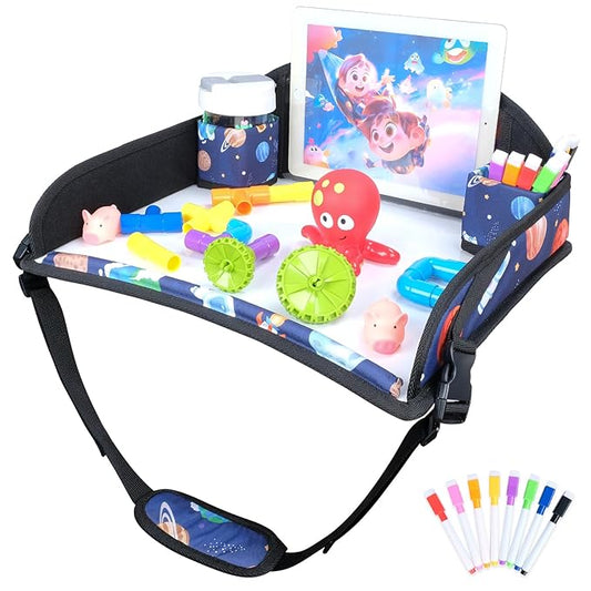 COOLBEBE Kids Travel Tray for Toddler Car Seat, Travel Tray for Airplane, Toddler Car Seat Lap Tray, Carseat Table Tray for Kids Travel Activities (Blue Space)