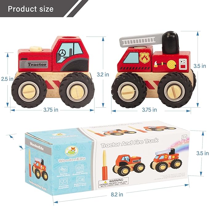 Construction Vehicles for Toddlers, 2 Pcs Wooden Detachable Assemble Cranes and Tractor 3 Years