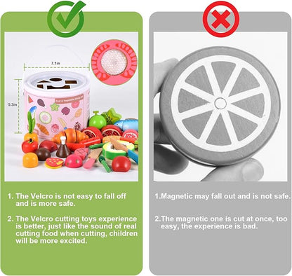 WHOHOLL Wooden Play Food Toys for Kids Kitchen Playset, Play Kitchen Accessories with Apron Pretend Cutting Food Montessori Toys for 1+ Year Old Girls and Boys