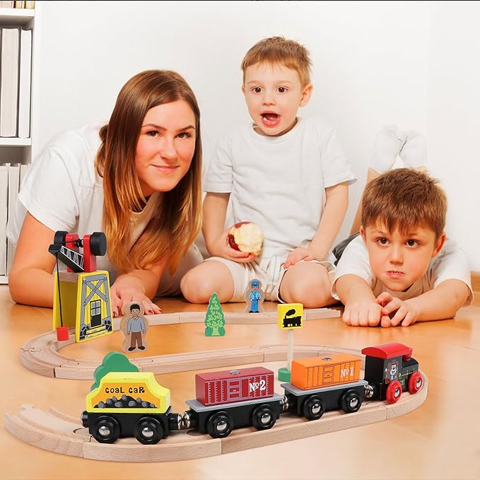 Qilay Wooden Train Set for Toddler - 39 Pcs Wooden Train Tracks with Crane, Bridge & 5 Wooden Trains 3,4,5 Year