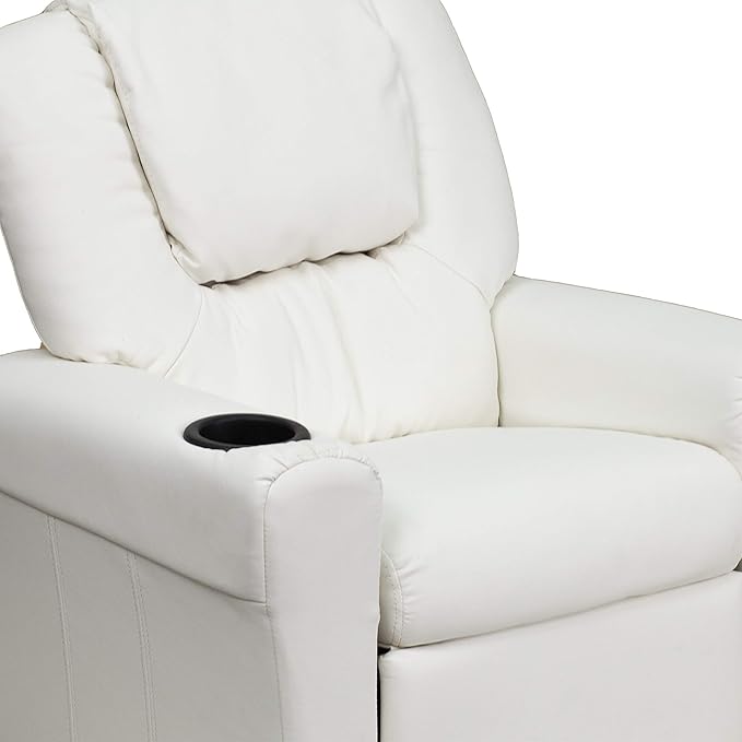 Flash Furniture Vana Vinyl Kids Recliner with Cup Holder, Headrest, and Safety Recline, Contemporary Reclining Chair for Kids, Supports up to 90 lbs., White