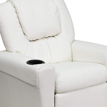 Flash Furniture Vana Vinyl Kids Recliner with Cup Holder, Headrest, and Safety Recline, Contemporary Reclining Chair for Kids, Supports up to 90 lbs., White