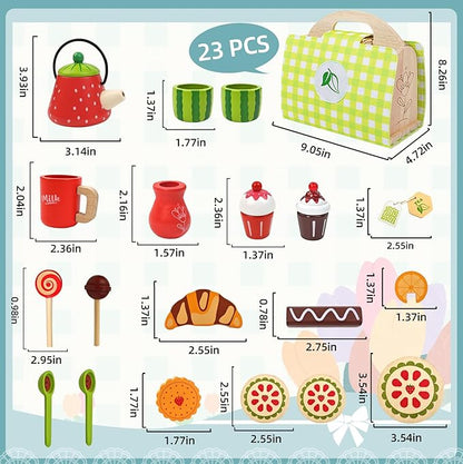 Wooden Tea Party Set for Little Girls with Handbag, Pretend Play Food Toys Kitchen Accessories Playset for Kids Toddlers 2 3 4 5