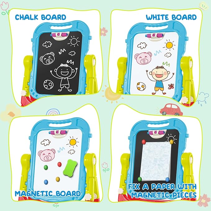 Toddler Art Easel Toys, Magnetic Chalk Board and White Board Easel for Kids with Painting Accessories, Rotatable Double Sided Easel, Birthday Gift for Boys and Girls