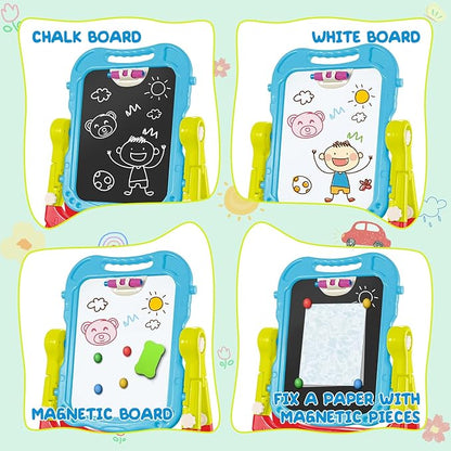 Toddler Art Easel Toys, Magnetic Chalk Board and White Board Easel for Kids with Painting Accessories, Rotatable Double Sided Easel, Birthday Gift for Boys and Girls
