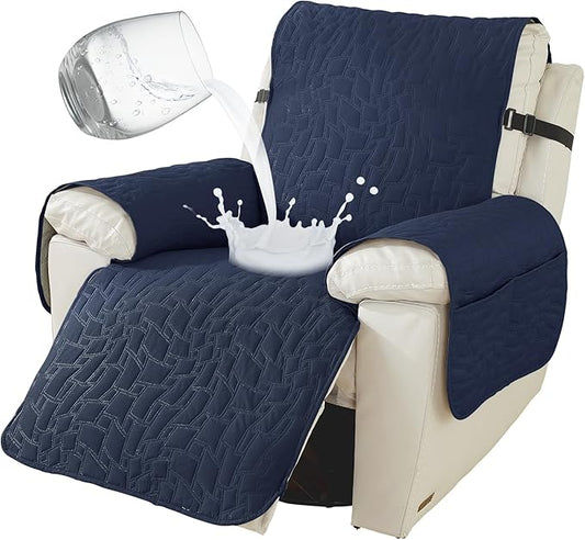 Recliner Covers That Stay in Place, 100% Waterproof Non-Slip Recliner Chair Covers with Pocket, Elastic Straps, Washable Reclining Chair Protector for Kids, Pets, Dog, Cat,Dark Blue,23IN
