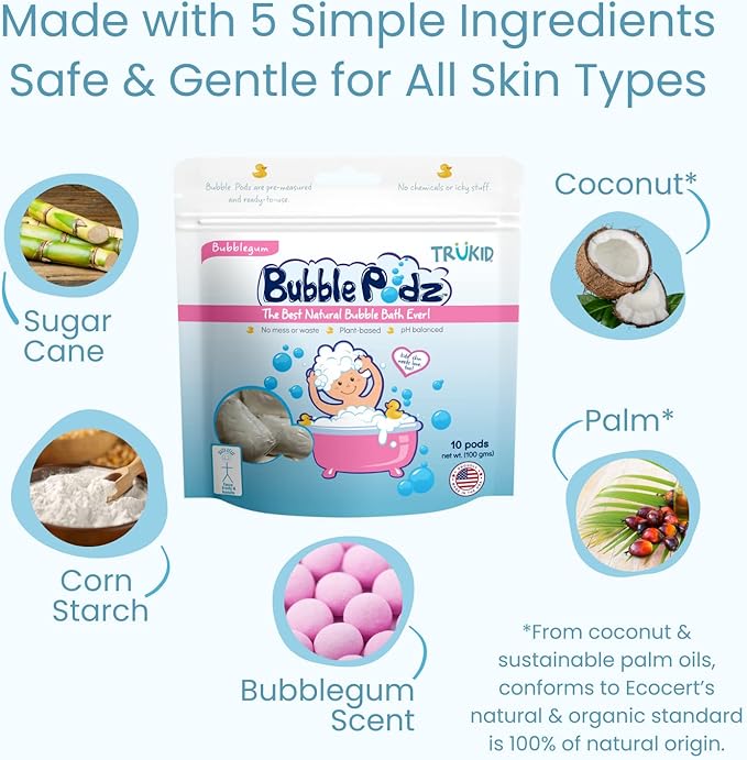 TruKid Bubble Podz Bubble Bath for Baby & Kids, Gentle Refreshing Bath Bomb for Sensitive Skin 7 for (10 Podz)