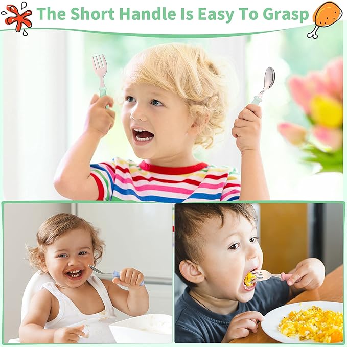 9 Pieces Toddler Utensils Stainless Steel Fork and Spoon Safe Baby Silverware Set, Kid Safe Utensils Children's Flatware Kids Cutlery Set with Round Handle for LunchBox (Blue, Green, Pink)