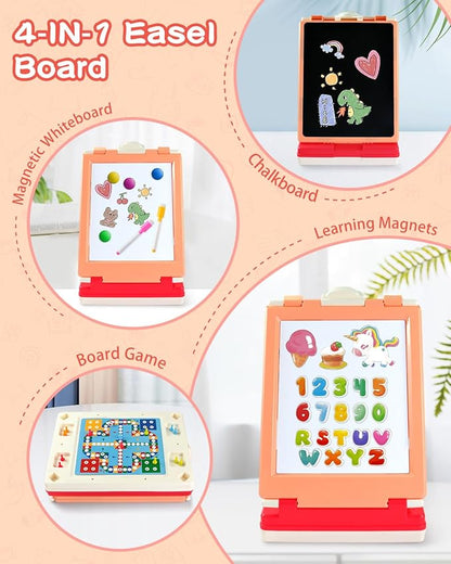 Tabletop Easel for Kids, Foldable Art Easel for Toddler,Double Sided Kids Easel with Chalkboard & Magnetic Dry Erase Board,Height Adjustable Desktop Easel, Educational Gift for Girls(Pink)