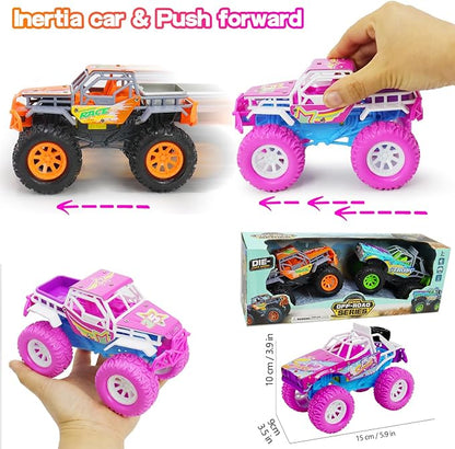 Pink Toys Car for Toddler Girl, 2 Pack 6.3 Inch Push and Go Vehicle Monster Toy Trucks for 3 4 5 6 Year Old Kids Gifts