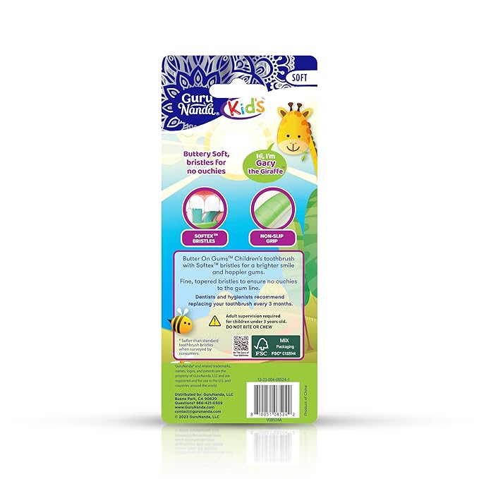 GuruNanda Butter On Gums Kids Toothbrush - 4 Pack Extra Soft Bristles Toothbrush for Kids, Multi-Colored & Fun to Use for Beginner Cleaning - Ergonomic Grip Handle - BPA & Cruelty-Free (Age 3+)