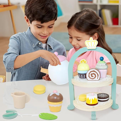 Wooden Tea Party Set for Little Girls, Toys Toddler Tea Set with Pretend Play Toy Cookies & Cake Stand, Kids Kitchen Playset Wooden Toys Birthday Gift for 2 3 4 5 6 Year Old Girls Boys