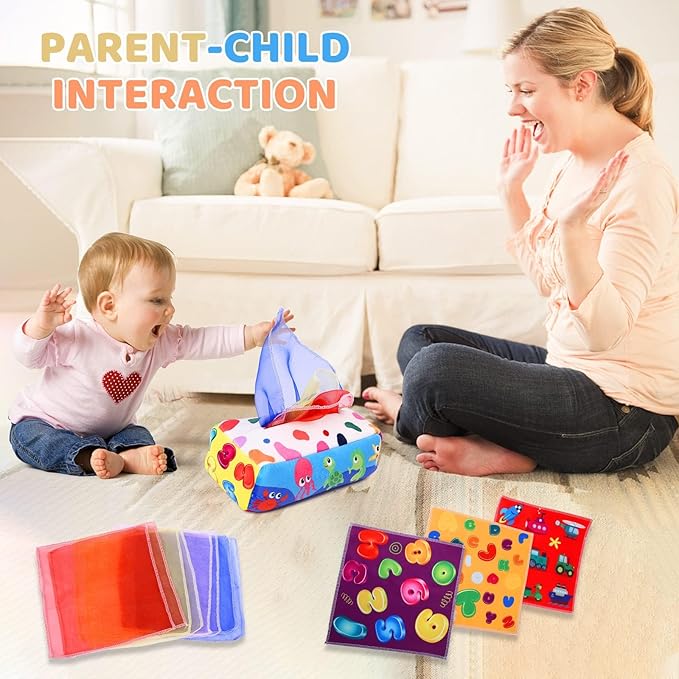 YOGINGO Baby Toys 6 to 12 Months - Tissue Box Toy Montessori for Babies 6-12 Months, Soft Stuffed High Contrast Crinkle Infant Sensory Toys