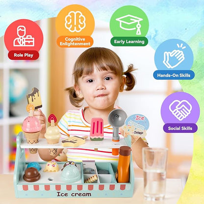 Wooden Ice Cream Toys for Kids, Commodum 43pcs Ice Cream Shop Counter Playset, Kids Pretend Kitchen Play Food Toys with Scoop & Fake Money, Wooden Toys for Toddlers Ages 3+, Christmas Birthday Gifts