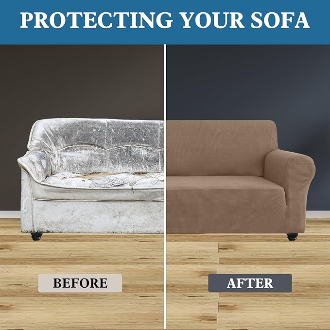 100% Waterproof Jacquard Fabric Couch Cover, Dual Layer with TPU Film, Leakproof High Elasticity Non-Slip Washable Furniture Protector for Pets, Dogs, Cats and Kids (Loveseat,Taupe)