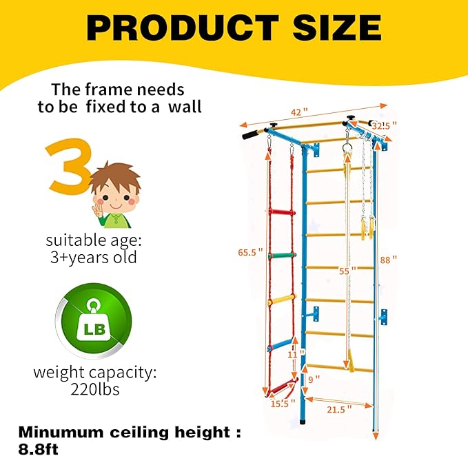 tongmo Climbing Toys for Kids, Metal Indoor Kids Gym for Exercise, Multiple Modes Play Climbing Set, Sturdy Playground with Rope Ladder, Pull-up Bar, Wall Ladder, Rope and Gymnastic Rings