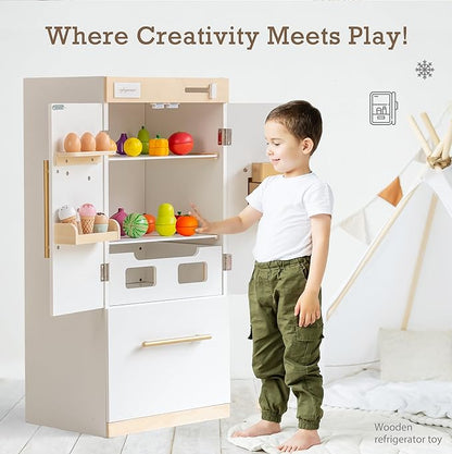 Wooden Play Kitchen Fridge with Ice Maker – Pretend Refrigerator for Kids & Toddlers, Play Refrigerator Appliance Toy for Ages 3+, Perfect Play Kitchen Fridge for Boys & Girls