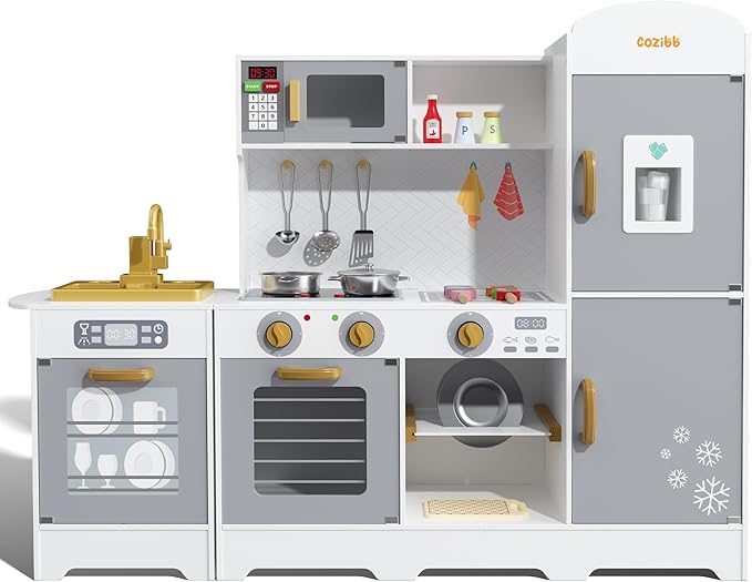 Wooden Pretend Play Kitchen Set, Realistic Oven Faucet Microwave Ice Maker BBQ, with Lights & Sounds Features, 21 Accessories, Toys Kitchen for Kids Children Boys Grils, Gift for Ages 3+