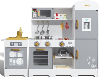 Wooden Pretend Play Kitchen Set, Realistic Oven Faucet Microwave Ice Maker BBQ, with Lights & Sounds Features, 21 Accessories, Toys Kitchen for Kids Children Boys Grils, Gift for Ages 3+