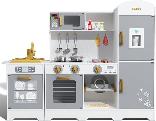 Wooden Pretend Play Kitchen Set, Realistic Oven Faucet Microwave Ice Maker BBQ, with Lights & Sounds Features, 21 Accessories, Toys Kitchen for Kids Children Boys Grils, Gift for Ages 3+