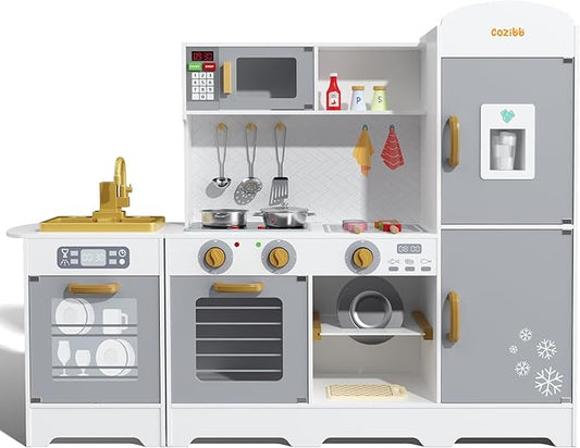 Wooden Pretend Play Kitchen Set, Realistic Oven Faucet Microwave Ice Maker BBQ, with Lights & Sounds Features, 21 Accessories, Toys Kitchen for Kids Children Boys Grils, Gift for Ages 3+