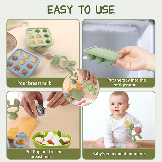 WAJIAYON Baby Breastmilk Popsicle Molds & Baby Fruit Feeder (4 Pack), Baby Food Freezer Tray Storage Containers
