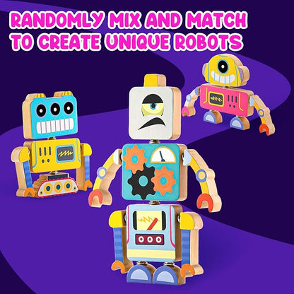 Wooden Snap Together Robot Toys, Fine Motor Building Robot Blocks for Kids, STEM Montessori Educational Learning Toy, Gift for 3 4 5 6+ Years Old Boy Girl Kids