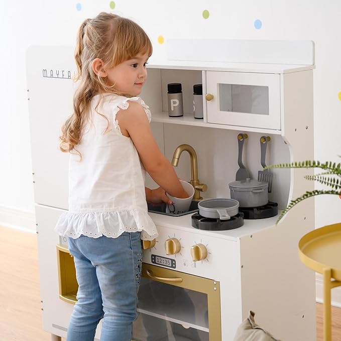 Teamson Kids - Children Play Kitchen Sets, Toddler Girls Pretend Kitchen Set Ages 2-6, Kitchen Toys for Kids Ages 4-8, Little Chef Mayfair Classic Kids Kitchen Playset with 11 Accessories - White/Gold