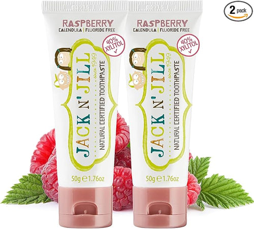 Jack N' Jill Natural Toddler Toothpaste for Baby, Kids and Infants 6 Months & Up, Fluoride Free Training Toothpaste for Toddlers 1-3 (1.76 Fl Oz (Pack of 2), Raspberry)