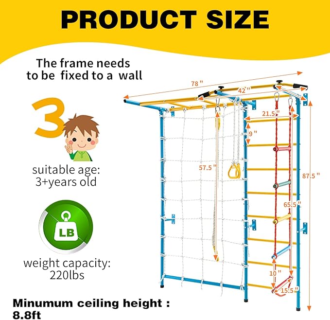 tongmo Climbing Toys for Kids, Upgrade Metal Indoor Gym for Exercise, Playground and Climbing Set with Rope Ladder, Rope Wall, Pull-up Bar, Wall Ladder, Monkey Bars, Rope and Gymnastic Rings
