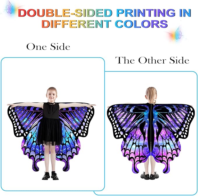 Butterfly Wings For Girls, Double-Sided Fairy Wings, Halloween Costumes for Kids, 3PCS Butterfly Cape Set.