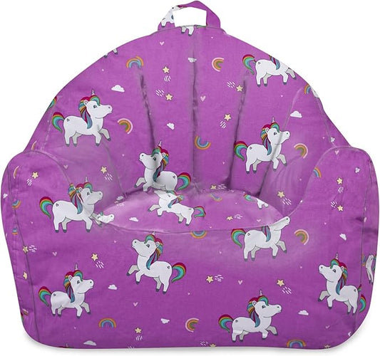 Posh Creations Bean Bag Chair Structured Seat for Kids, Teens and Adults, Comfy Bean Bag Chair for Gaming, Reading and Watching TV, Malibu Lounge Chair, Canvas - Unicorn and Rainbows on Purple