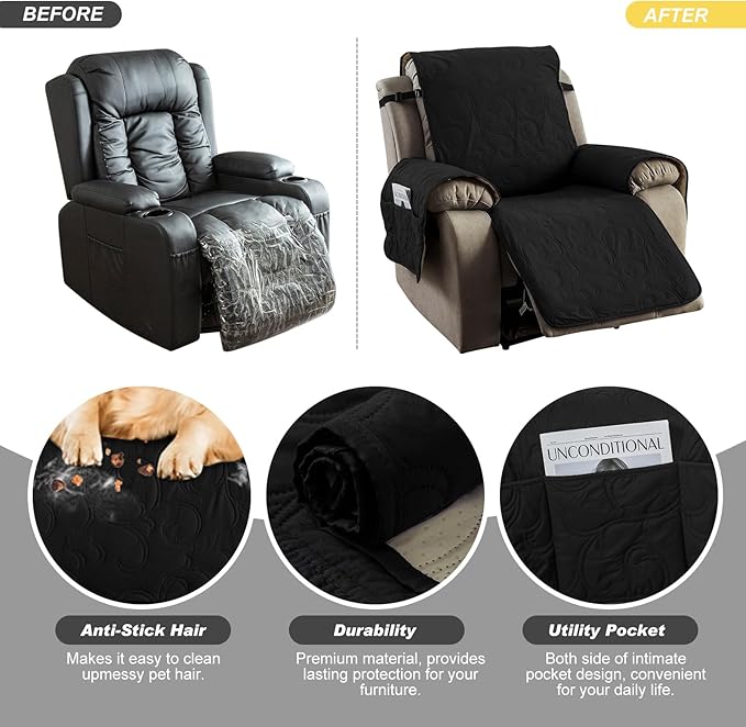 100% Waterproof Recliner Chair Cover, Recliner Chair Covers for Reclining Chair, Non-Slip Fabric Recliner Couch Cover for Living Room, for Pets Kids Protector, Washable (Black, 23"Recliner Chair)