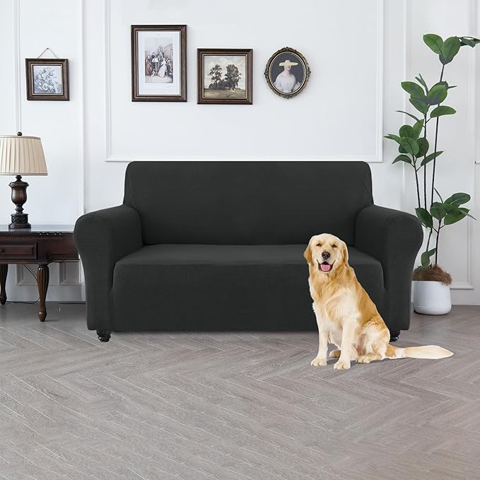 100% Waterproof Jacquard Fabric Couch Cover, Dual Layer with TPU Film, Leakproof High Elasticity Non-Slip Washable Furniture Protector for Pets, Dogs, Cats and Kids (Loveseat,Dark Gray)