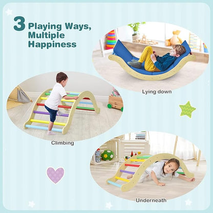 Costzon Climbing Toys for Toddlers, 3-in-1 Montessori Wooden Arch Climber Ladder Structure with Rock Climbing Ramp/Padding, Indoor Gym Learning Playset, Playground for Kids Gift (Rainbow)