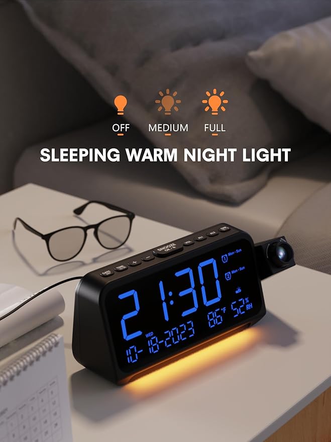 Projection Alarm Clock for Bedroom Ceiling, Digital Clock Projector with Weekday/Weekend Mode, Date, Temperature, Humidity, Type-C USB Charger, Snooze, Dual Alarms, Dimmer,12/24H