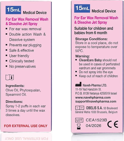 NAVEH PHARMA CleanEars Baby | Ear Wax Removal Kit Spray Ear Wax Softener Cleaner Ear Irrigation and Wax Dissolution 0.5 Fl