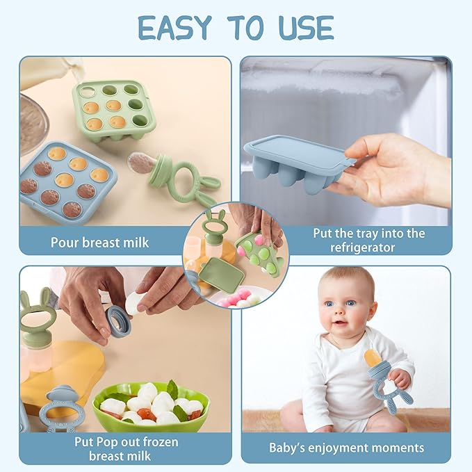 WAJIAYON Baby Breastmilk Popsicle Molds & Baby Fruit Feeder (3 Pack), Baby Food Freezer Tray Storage Containers